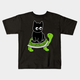 Black Cat Riding on Green Turtle Kids T-Shirt